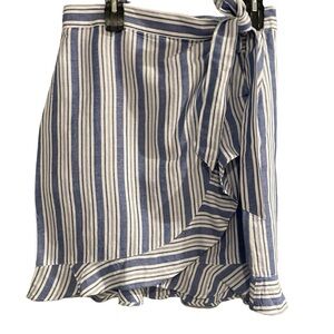 Loft Wrap Tie Knee Length Skirt Rayon Linen Blue White Striped Women's Size 12